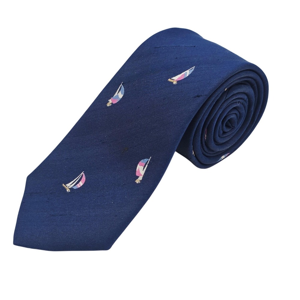 Allen Solly Necktie Mens OS Navy Blue Sailboat Nautical Woven Silk Hand Sewn USA